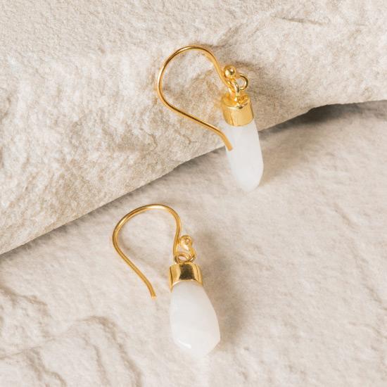 Rainbow Moonstone Earrings - Fine wire hook earring featuring a natural and uniquely cut Rainbow Moonstone stone raw pendant. Finely handcrafted brass, plated with the finest 18K gold plating.